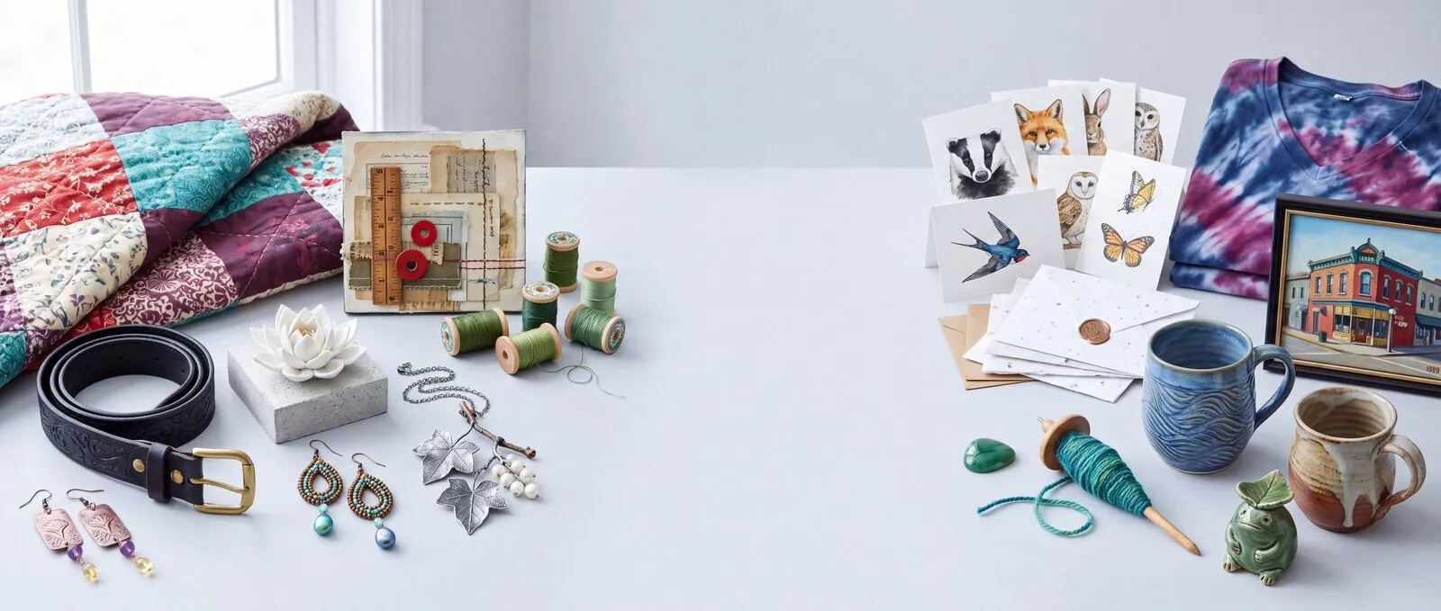 A quilt, a tooled leather belt, earrings, thread spools, notecards, a hand-thrown mug and a framed painting laid out on a pale table